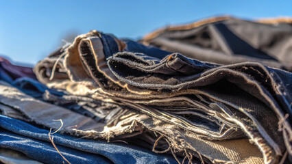 Massive pile of discarded clothing towers in arid landscape concept. Close-up of stacked, worn denim fabric with frayed edges.