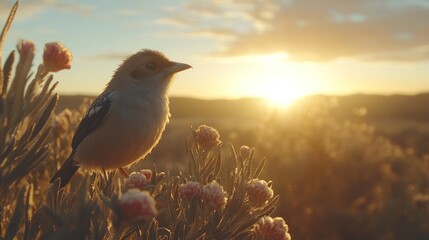 Small bird perched on wildflowers at sunset