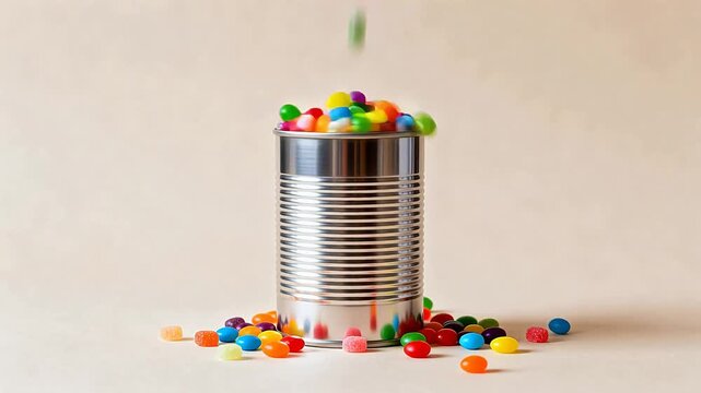 Canned candies on beige background