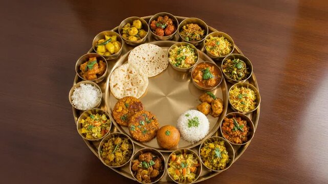 Serving Variety of Dishes on Golden Plate Food Presentation Still Life