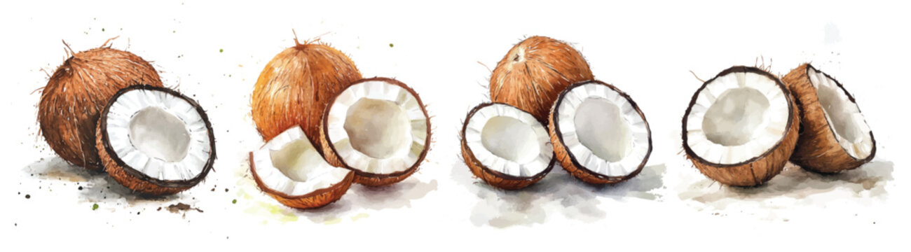Mine Watercolor, hand-painted fresh coconut painting illustration, vector illustration,  painting design, and EPS format design. vector illustration, isolated on a white background
