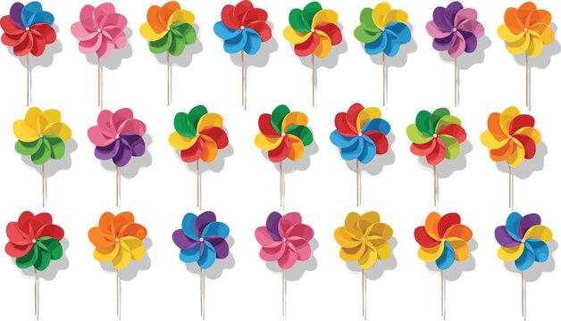 Large Set of Colorful Garden Pinwheels and Rainbow Wind Spinners on Sticks for Outdoor Festivals Childrens Toys and Playful Spring Celebration Graphic Design