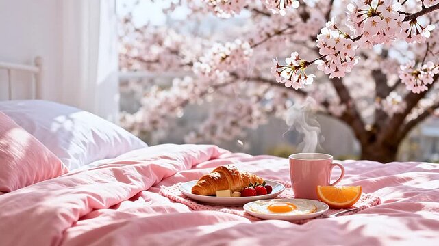 Breakfast on bed with cherry blossoms