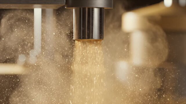 Close up of a CNC router bit spraying sawdust while carving wood material in a workshop, showcasing industrial