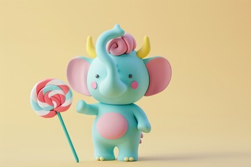 Cute blue clay elephant with colorful hair and lollipop, playful cartoon 3d render