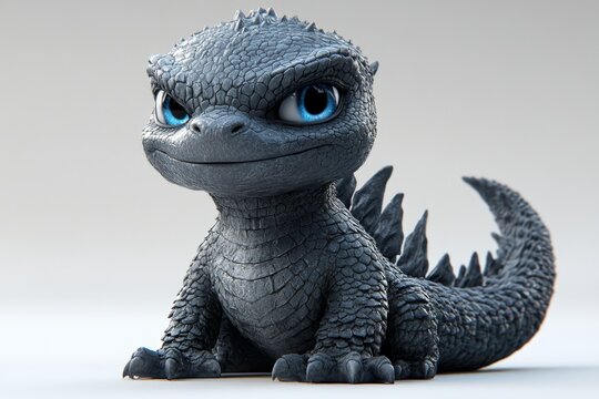 Cute Baby Godzilla Sitting Indoors on White Background with Blue Eyes, Miniature Dragon Monster Character with Scales and Spikes