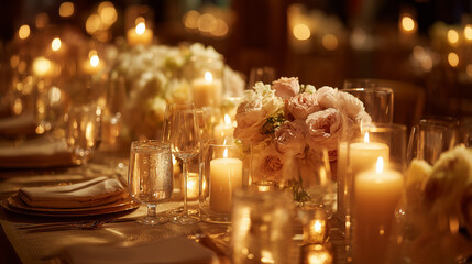 romantic wedding reception table set with glowing candles and floral centerpiece, elegant banquet setting for luxury wedding dinner, warm ambient lighting at a festive marriage celebration