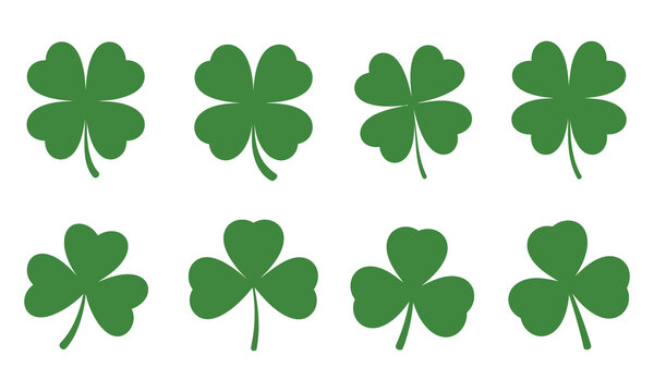 Clover leaves illustration four and three leaf clovers in green, isolated on white background, vector artwork