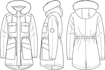 CAD drawing flat vector illustration of long winter parka with fur hood, multiple pockets, front side back technical sketch © Ali