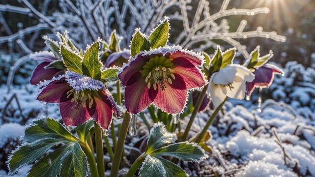 Hellebores Bloom in Frosty Winter Garden
