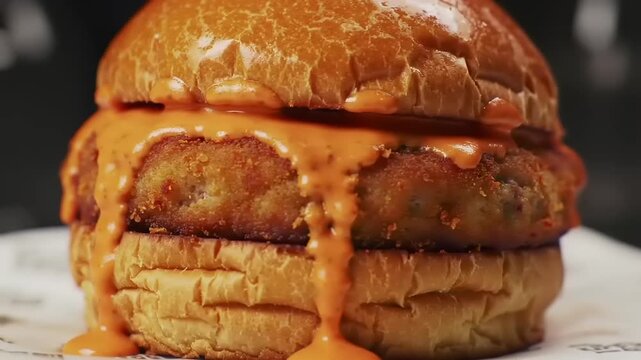 Irresistibly delicious gourmet burger overflowing with vibrant creamy sauce, showcasing a perfectly toasted bun and a savory patty, captured in exquisite detail for an appetizing visual feast