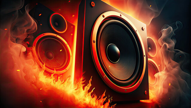 Speakers surrounded by fire burning speaker concept. Dynamic speakers emitting vibrant sound waves and fiery visuals.