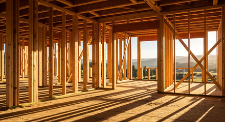 Unfinished wooden building interior with exposed framing and natural light casting shadows on the floor