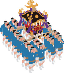日本の伝統行事祭り。神輿を担ぐ男性たちのイラスト