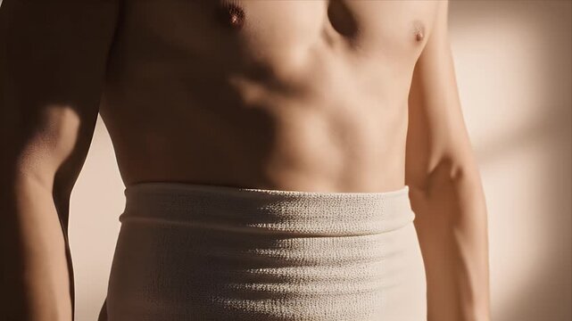 Close up of a man's torso with defined abs wearing a white compression garment against a softly lit background with