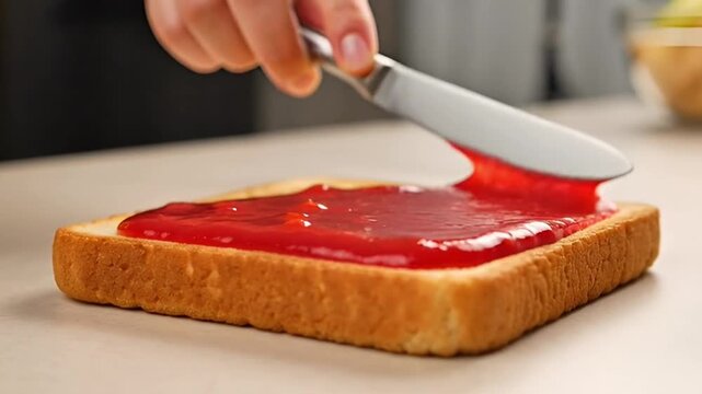 Applying fruit spread to toast close up culinary preparation process