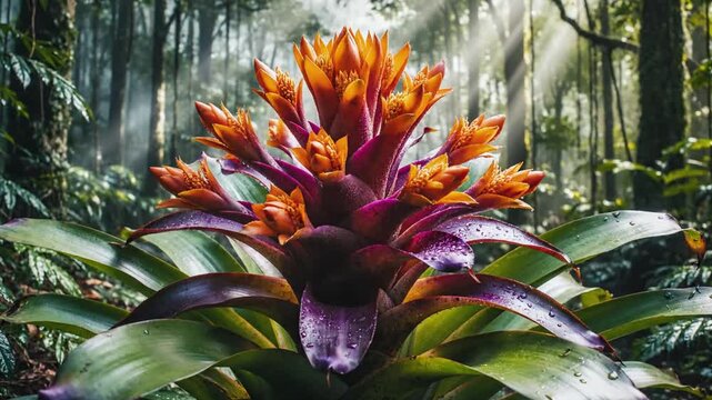 Vibrant Tropical Bromeliad Flower Blooming in Lush Rainforest