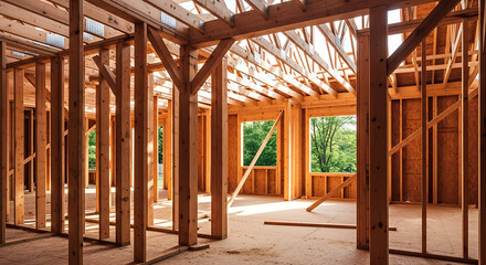 Fototapeta premium Unfinished house interior with exposed wooden framing and beams under construction viewed from the center