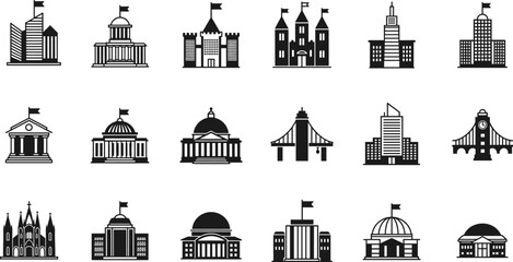 CAD drawing flat vector illustration, building architecture icon set, civic infrastructure graphic, urban planning design template, construction outline symbol collection