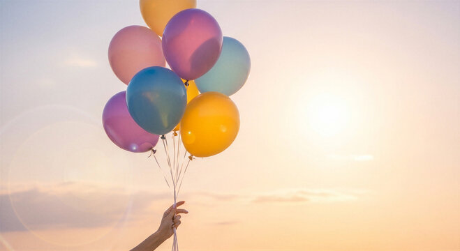 Hand holding a bunch of colorful balloons against a warm sunset sky