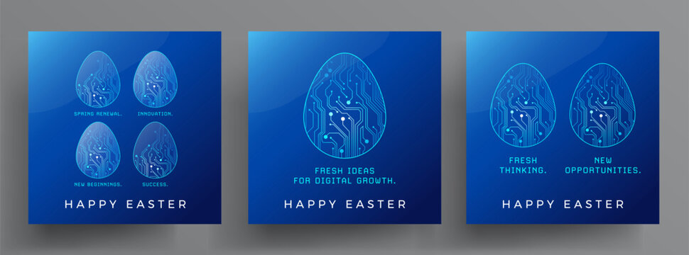 Happy Easter technology blue backgrounds for business social media templates in square format - digital circuit board eggs decorations - elegant vector modern illustration