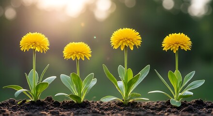 Four yellow dandelion flowers with green leaves growing in brown soil yellow flowers dandelions garden