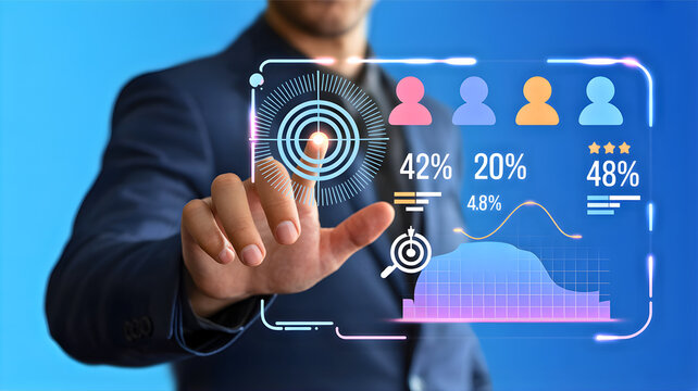 Digital marketing analysis with a businessman touching a futuristic holographic screen displaying customer data and analytics
