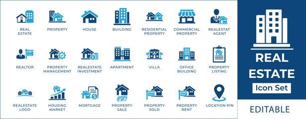 Real estate icon set featuring property management, residential and commercial building, house for sale, mortgage, apartment, realtor, villa, and home investment symbols.