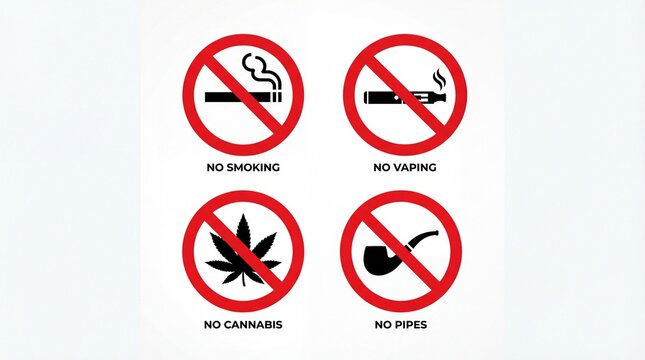 Set of prohibition signs for smoking, vaping, cannabis, and pipes