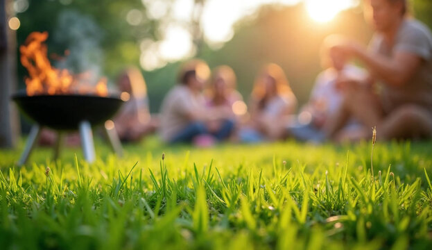 Green grass with summer party with BBQ in the background