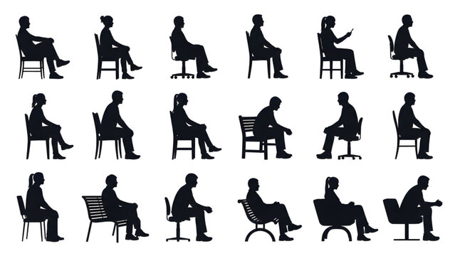 Casual Sitting People on Seats and Benches Side Elevation Black Silhouettes Vector Pack