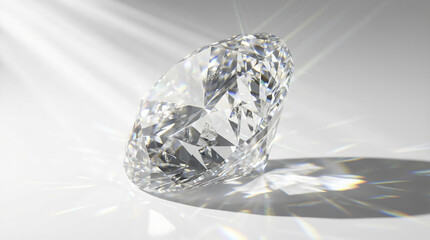Luxury diamond gemstone with light reflections on white surface, jewelry concept.
