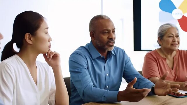 Diverse team of professionals engaged in a strategic meeting collaborating and brainstorming innovative solutions with focused expressions and attentive body language