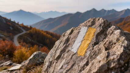 Naklejka premium Rock with hiking trail mark against mountain road and autumn landscape background. 