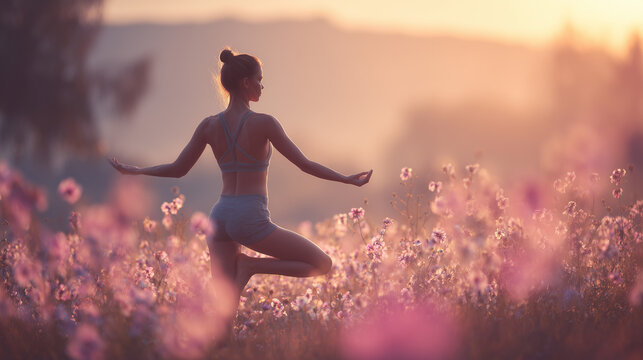 young woman practicing morning yoga in a blooming spring meadow, peaceful female meditating in wildflower field at sunrise, zen wellness lifestyle and mindfulness in nature