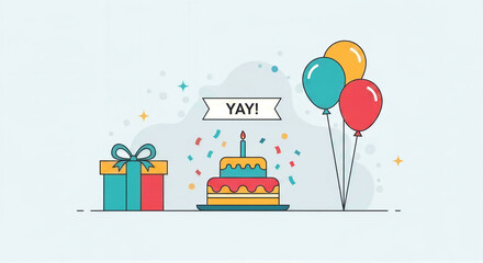 Fototapeta premium Minimalist Birthday Celebration Illustration with Cake, Gift, Balloons, Confetti, and 'YAY!' Banner