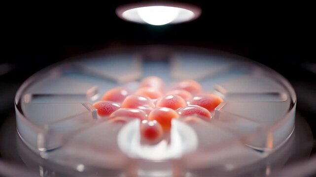 Extreme Macro Cinematic Organ on a Chip With Beating Heart Cells Reacting to Bioluminescent Drug in Sterile Medical Laboratory