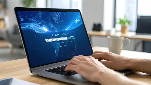 A laptop displays a progress bar with a globe graphic, hands typing, cup nearby