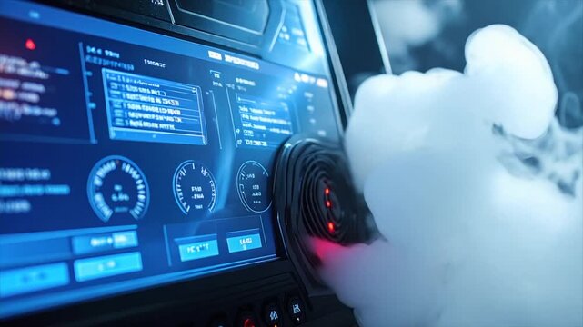 A futuristic cockpit display glows blue with data while smoke billows nearby