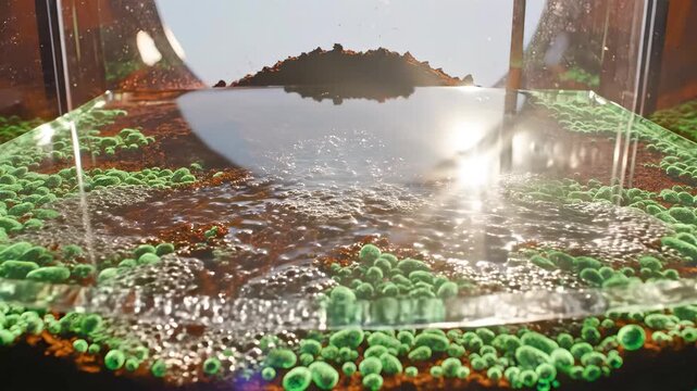 Cinematic Time Lapse of Bioluminescent Microbes Converting Martian Regolith Into Transparent Bioplastic Inside Terraforming Dome