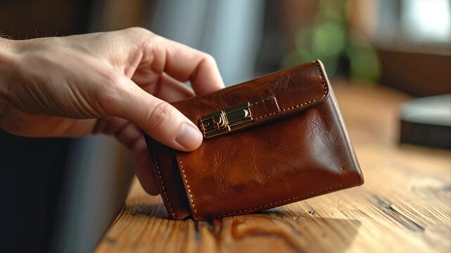A hand holds a brown leather wallet with a metal clasp on a wooden surface