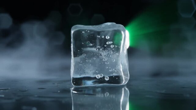 Crystal Clear Ice Cube With Air Bubbles On Reflective Surface