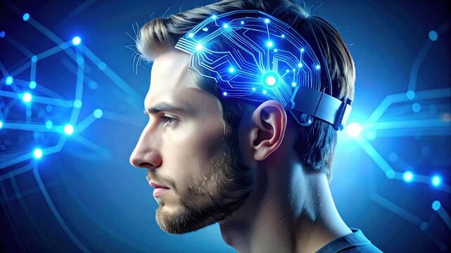 A profile of a man with glowing circuit-like implants integrated into his head, blue tones