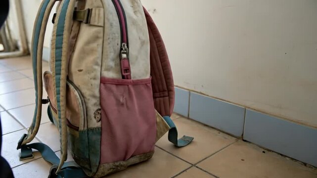 Poor kid portrait in gloomy slum background concept. Worn and dirty backpack on tiled floor against wall showing signs of prolonged use