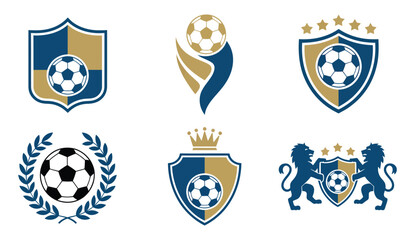 Football club emblem illustration trophy and shield vector featuring laurel, crown, star ribbon, and lion crest, ideal for soccer team identity design. © ayat 02