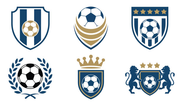 Football club emblem illustration trophy and shield vector featuring laurel, crown, star ribbon, and lion crest, ideal for soccer team identity design.