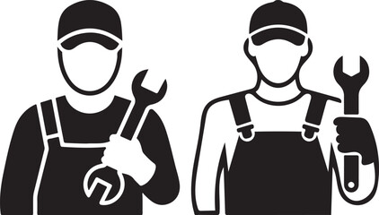 Two male mechanics or repairmen in overalls and caps holding wrenches, depicted as black and white vector icons with a solid fill style, isolated on a white background.