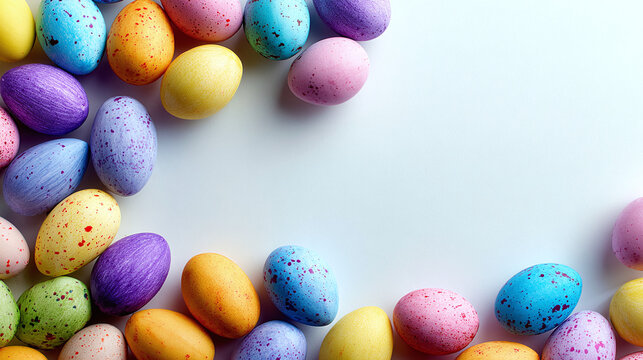 Colorful decorated easter eggs arranged in a festive border on a bright white background for spring celebrations.