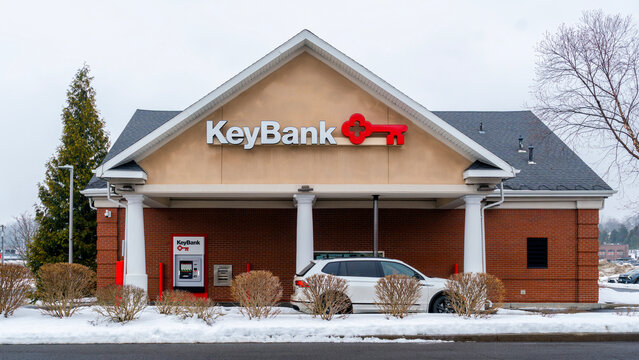 Syracuse, NY - Feb 17, 2026: KeyBank is a major U.S. regional bank offering consumer and commercial financial services across multiple states. The branch is shown with a drive-through layout.