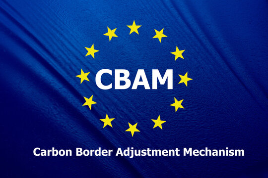 CBAM text and icons on river background.Carbon Border Adjustment Mechanism concept.